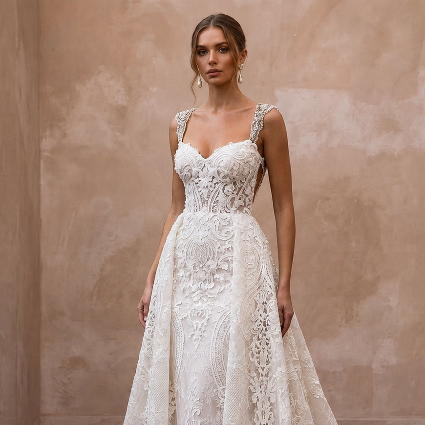 Luxury-Inspired Lace Wedding Dress for a Formal Ceremony