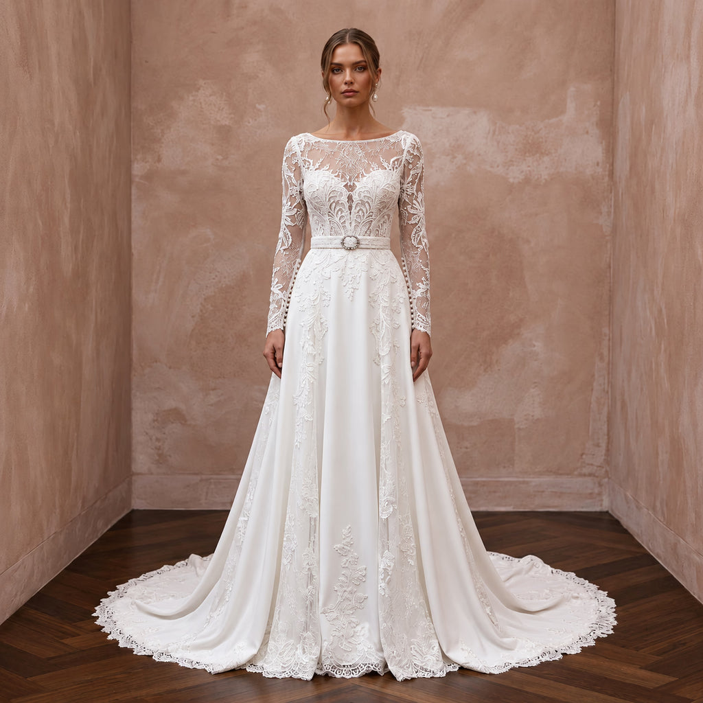 Made-to-Measure A-Line Bridal Gown with Long Sleeves