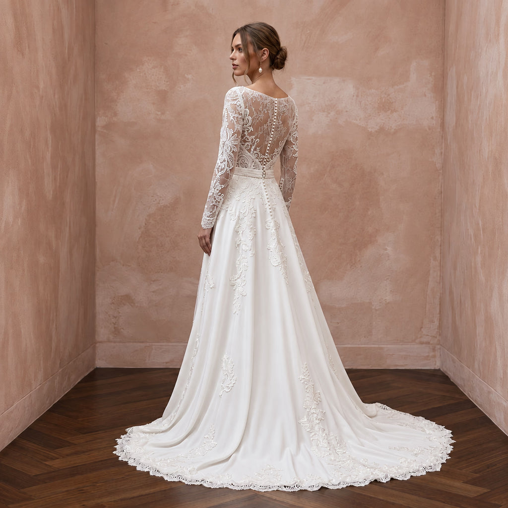 Made-to-Measure A-Line Bridal Gown with Long Sleeves