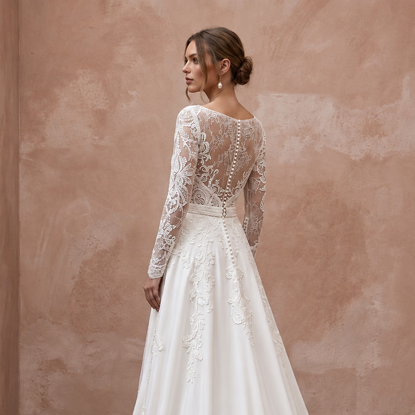 Made-to-Measure A-Line Bridal Gown with Long Sleeves