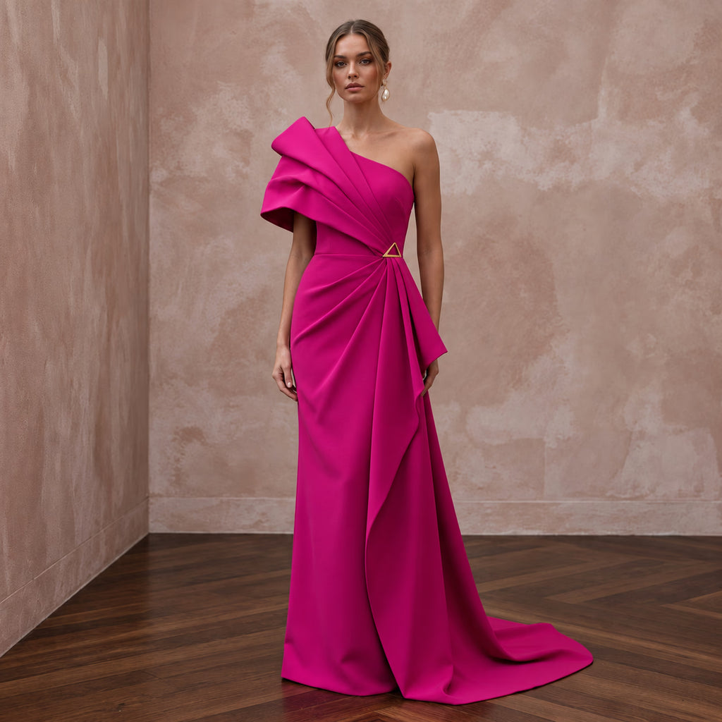 Magenta Pink Architectural Crepe One-Shoulder Evening Dress