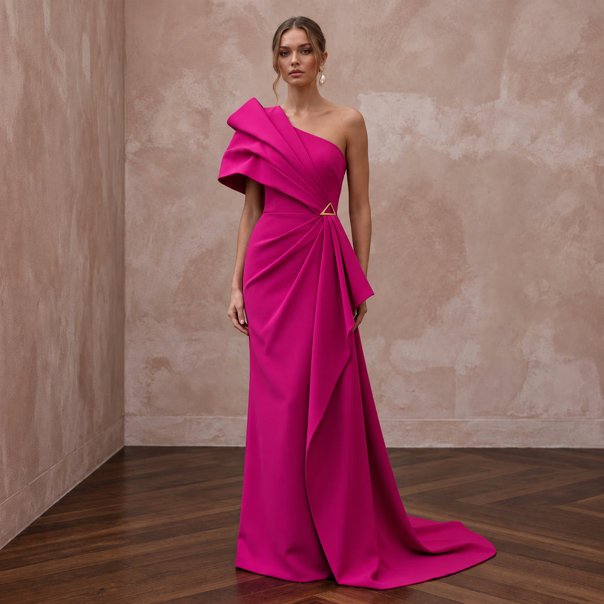 Magenta Pink Architectural Crepe One-Shoulder Evening Dress