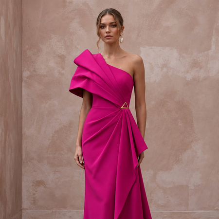 Magenta Pink Architectural Crepe One-Shoulder Evening Dress
