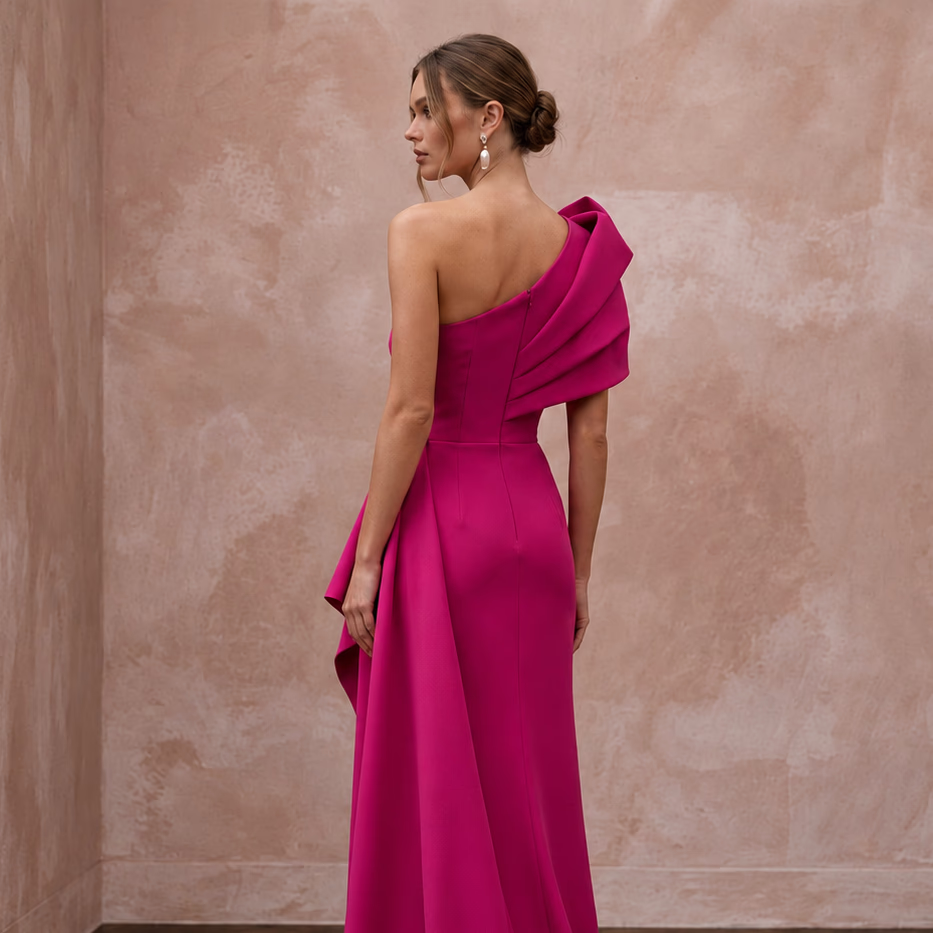 Magenta Pink Architectural Crepe One-Shoulder Evening Dress