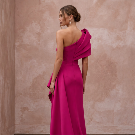 Magenta Pink Architectural Crepe One-Shoulder Evening Dress