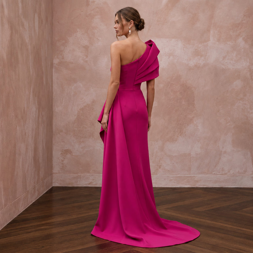 Magenta Pink Architectural Crepe One-Shoulder Evening Dress