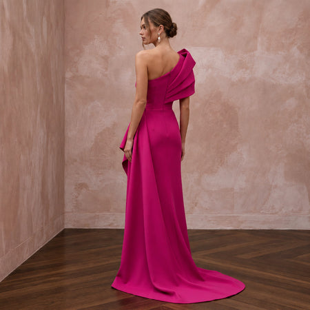 Magenta Pink Architectural Crepe One-Shoulder Evening Dress