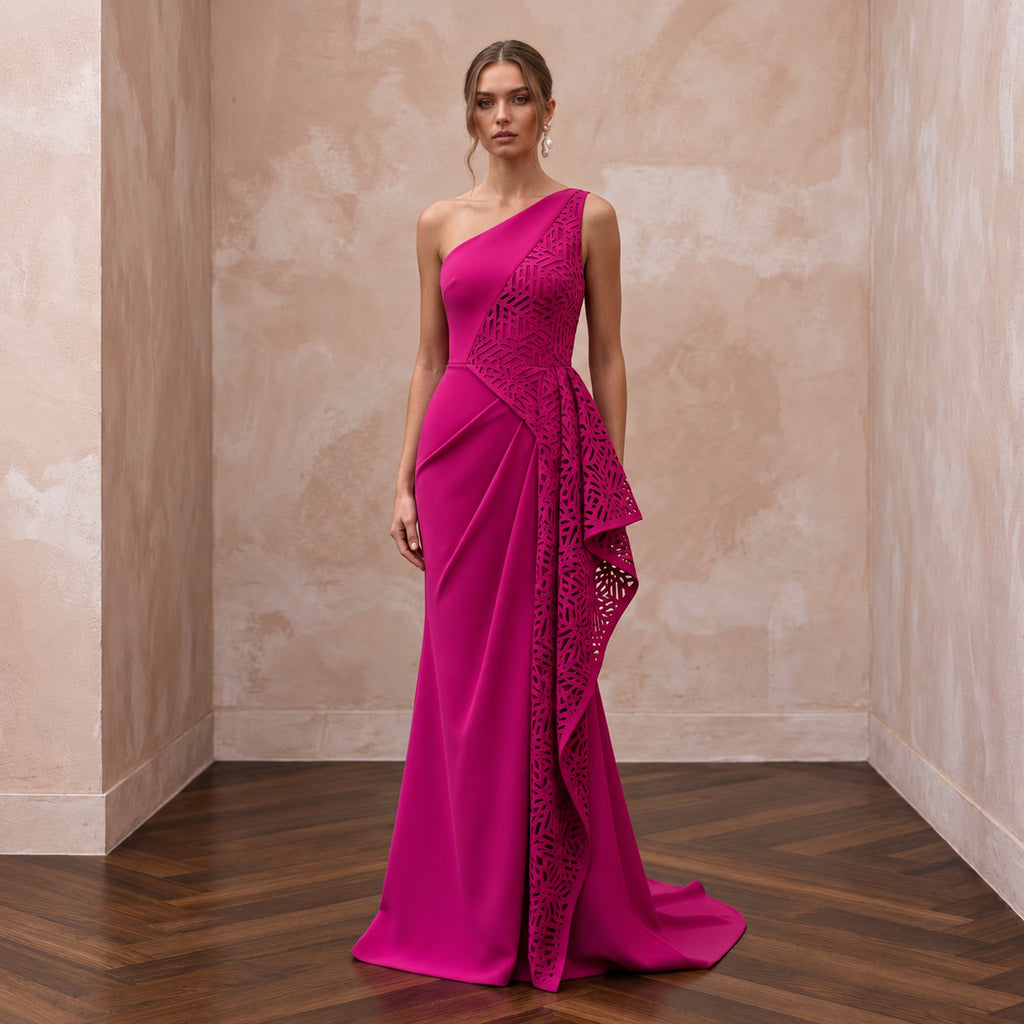 Magenta Pink Architectural Crepe One - Shoulder Evening Gown - Apparel & Accessories > Clothing > Wedding & Bridal Party Dresses > Wedding Dresses - Mignonette Bridal