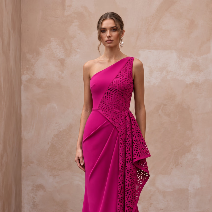 Magenta Pink Architectural Crepe One - Shoulder Evening Gown - Apparel & Accessories > Clothing > Wedding & Bridal Party Dresses > Wedding Dresses - Mignonette Bridal