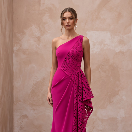 Magenta Pink Architectural Crepe One - Shoulder Evening Gown - Apparel & Accessories > Clothing > Wedding & Bridal Party Dresses > Wedding Dresses - Mignonette Bridal