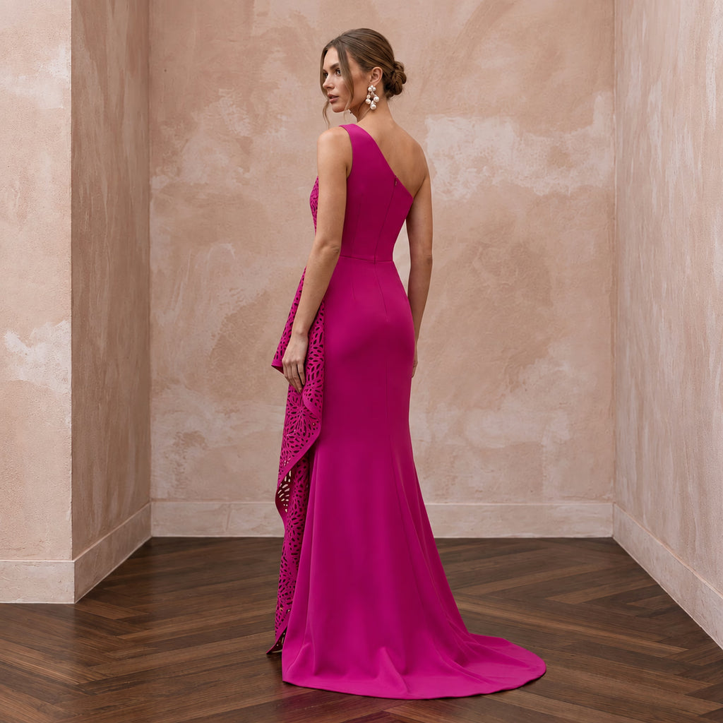 Magenta Pink Architectural Crepe One - Shoulder Evening Gown - Apparel & Accessories > Clothing > Wedding & Bridal Party Dresses > Wedding Dresses - Mignonette Bridal