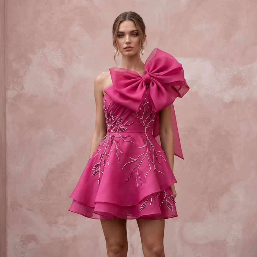 Magenta Pink Organza Oversized Bow Mini Dress for Charity Ball - Apparel & Accessories > Clothing > Wedding & Bridal Party Dresses > Wedding Dresses - Mignonette Bridal