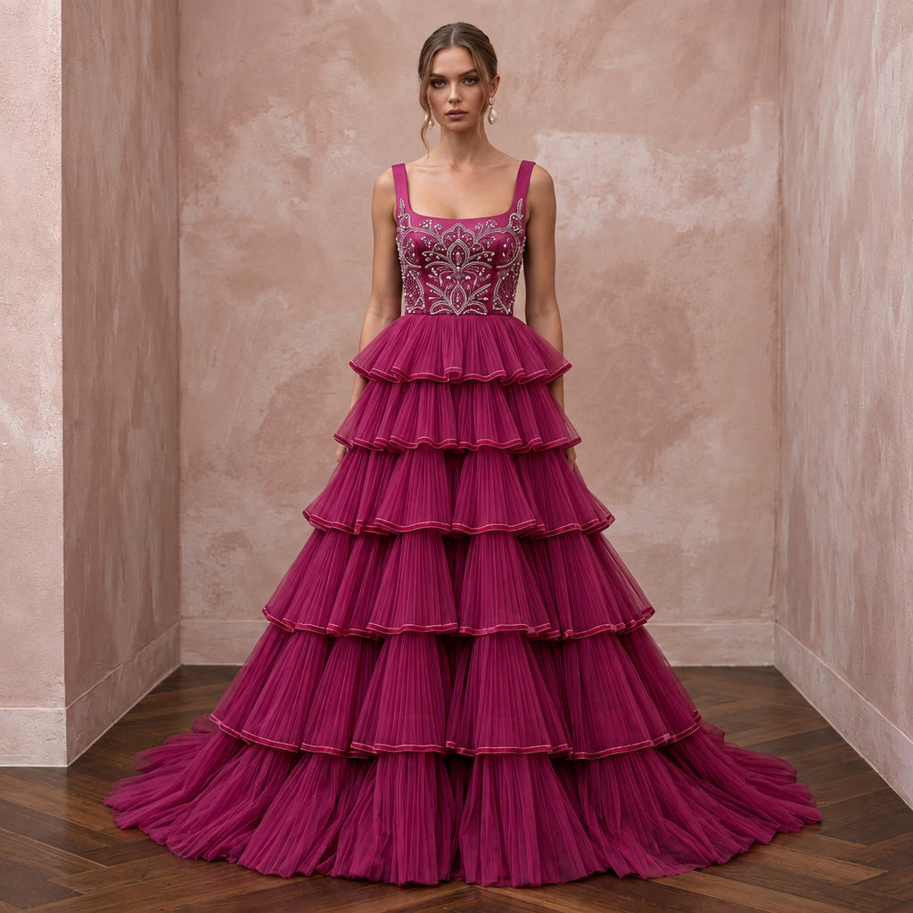 Magenta Pink Tulle Tiered Ruffle A-Line Dress for Charity Ball