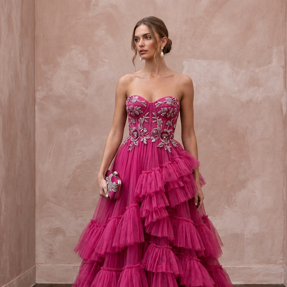 Magenta Pink Tulle Tiered Ruffle A-Line Dress for Charity Ball