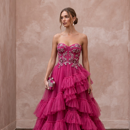 Magenta Pink Tulle Tiered Ruffle A-Line Dress for Charity Ball