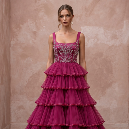 Magenta Pink Tulle Tiered Ruffle A-Line Dress for Charity Ball