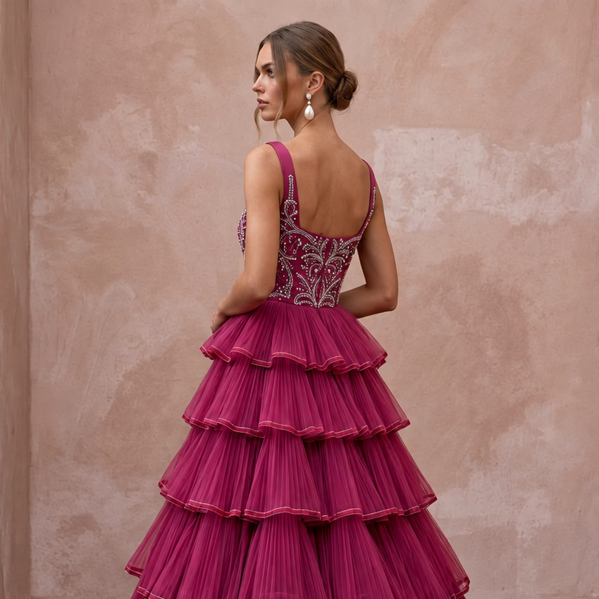 Magenta Pink Tulle Tiered Ruffle A-Line Dress for Charity Ball