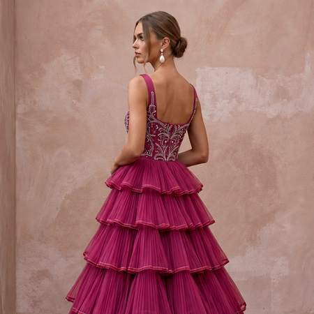 Magenta Pink Tulle Tiered Ruffle A-Line Dress for Charity Ball