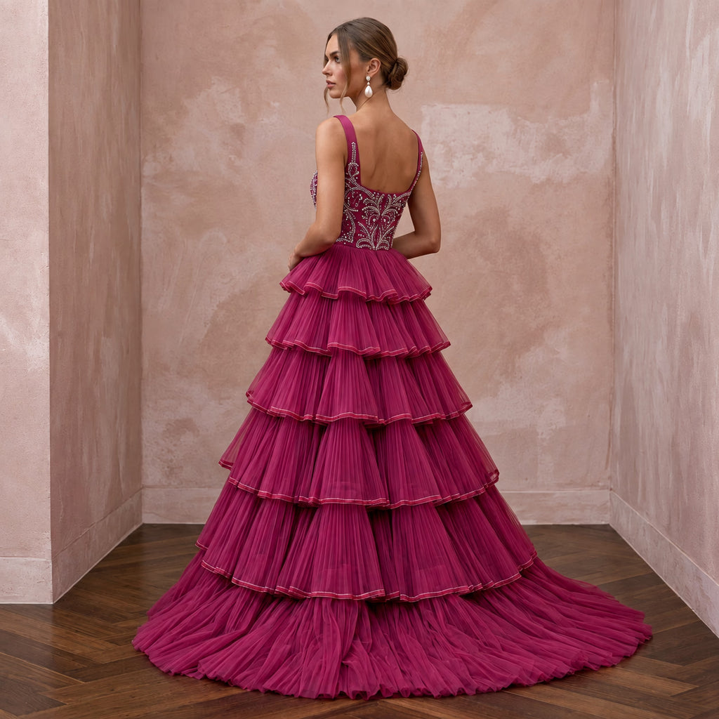 Magenta Pink Tulle Tiered Ruffle A-Line Dress for Charity Ball