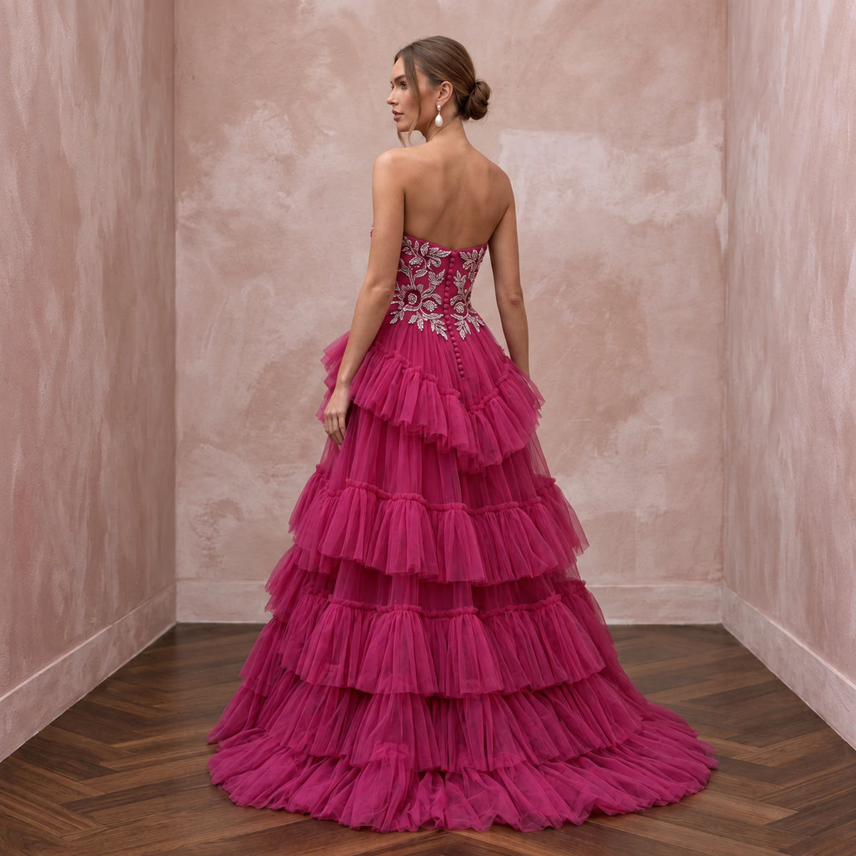Magenta Pink Tulle Tiered Ruffle A-Line Dress for Charity Ball