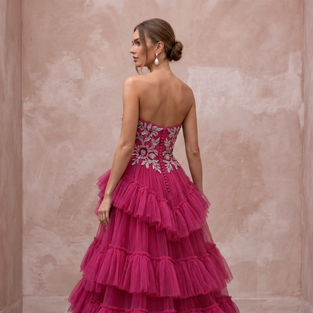 Magenta Pink Tulle Tiered Ruffle A-Line Dress for Charity Ball