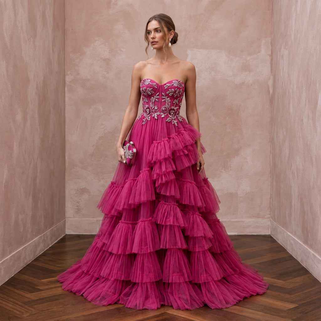 Magenta Pink Tulle Tiered Ruffle A-Line Dress for Charity Ball