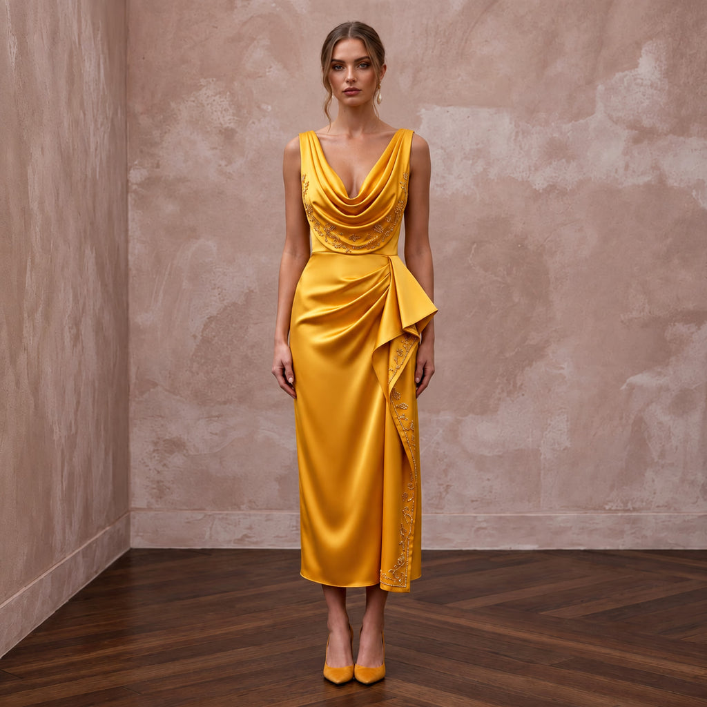 Marigold Yellow Liquid Satin Cowl Neck Midi Cocktail Dress