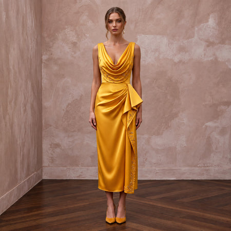 Marigold Yellow Liquid Satin Cowl Neck Midi Cocktail Dress