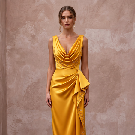 Marigold Yellow Liquid Satin Cowl Neck Midi Cocktail Dress