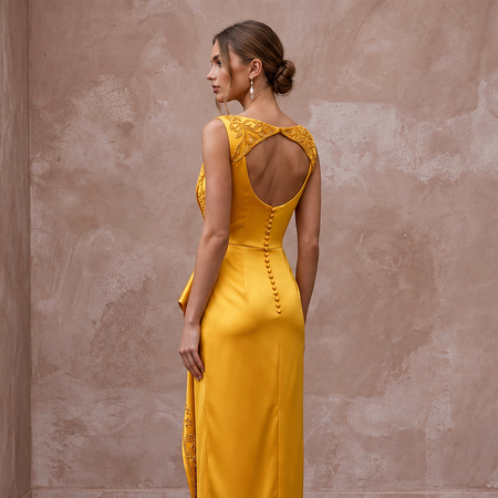Marigold Yellow Liquid Satin Cowl Neck Midi Cocktail Dress