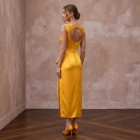 Marigold Yellow Liquid Satin Cowl Neck Midi Cocktail Dress