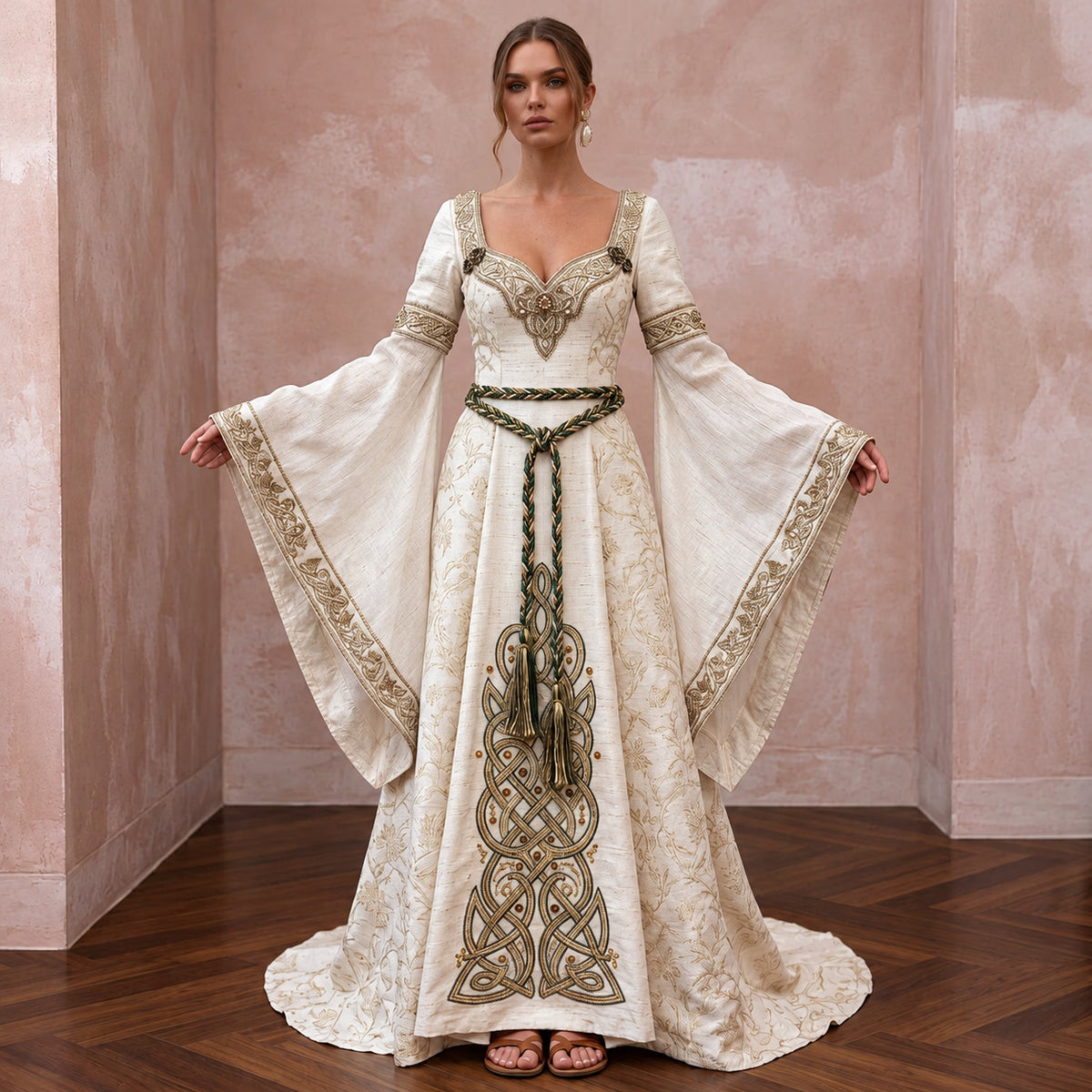 Medieval-Inspired Ivory Raw Silk Bridal Gown for Forest Handfasting