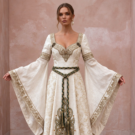 Medieval-Inspired Ivory Raw Silk Bridal Gown for Forest Handfasting