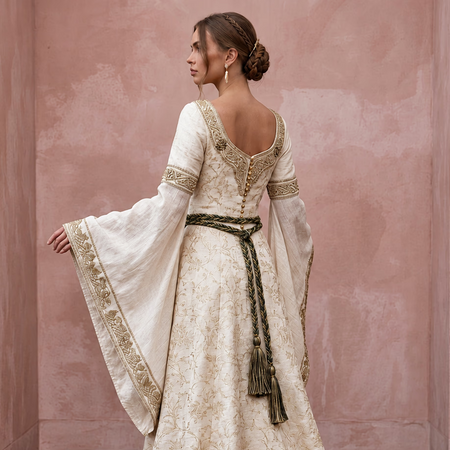 Medieval-Inspired Ivory Raw Silk Bridal Gown for Forest Handfasting