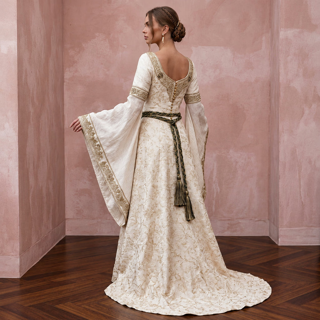 Medieval-Inspired Ivory Raw Silk Bridal Gown for Forest Handfasting