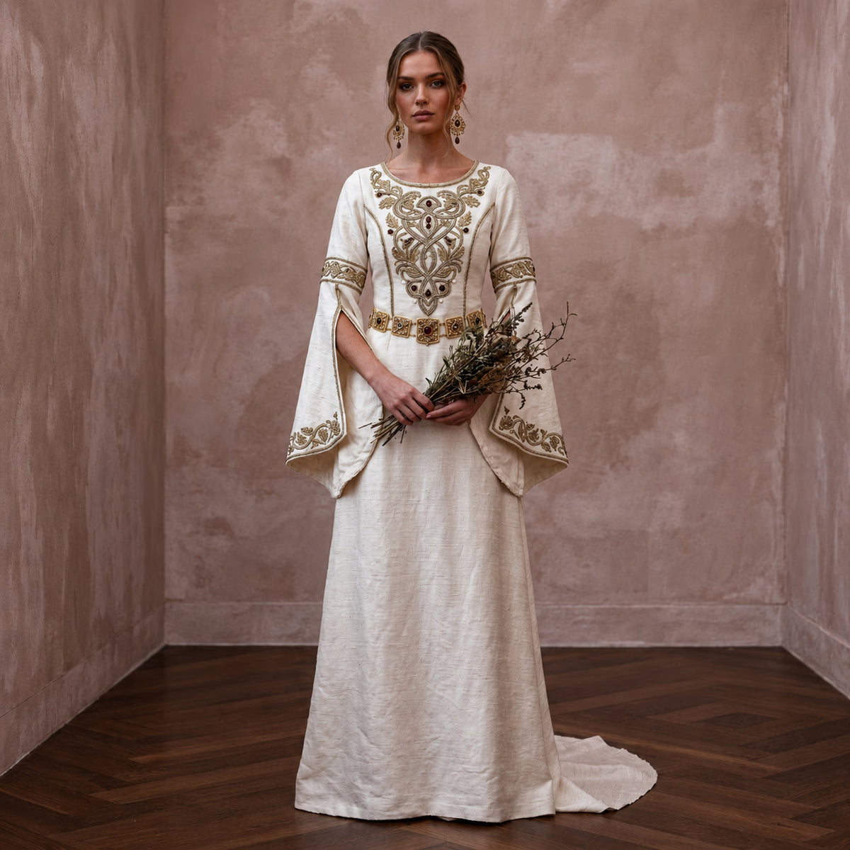Medieval - Inspired Ivory Raw Silk Gown for Forest Handfasting - Apparel & Accessories > Clothing > Wedding & Bridal Party Dresses > Wedding Dresses - Mignonette Bridal Main image