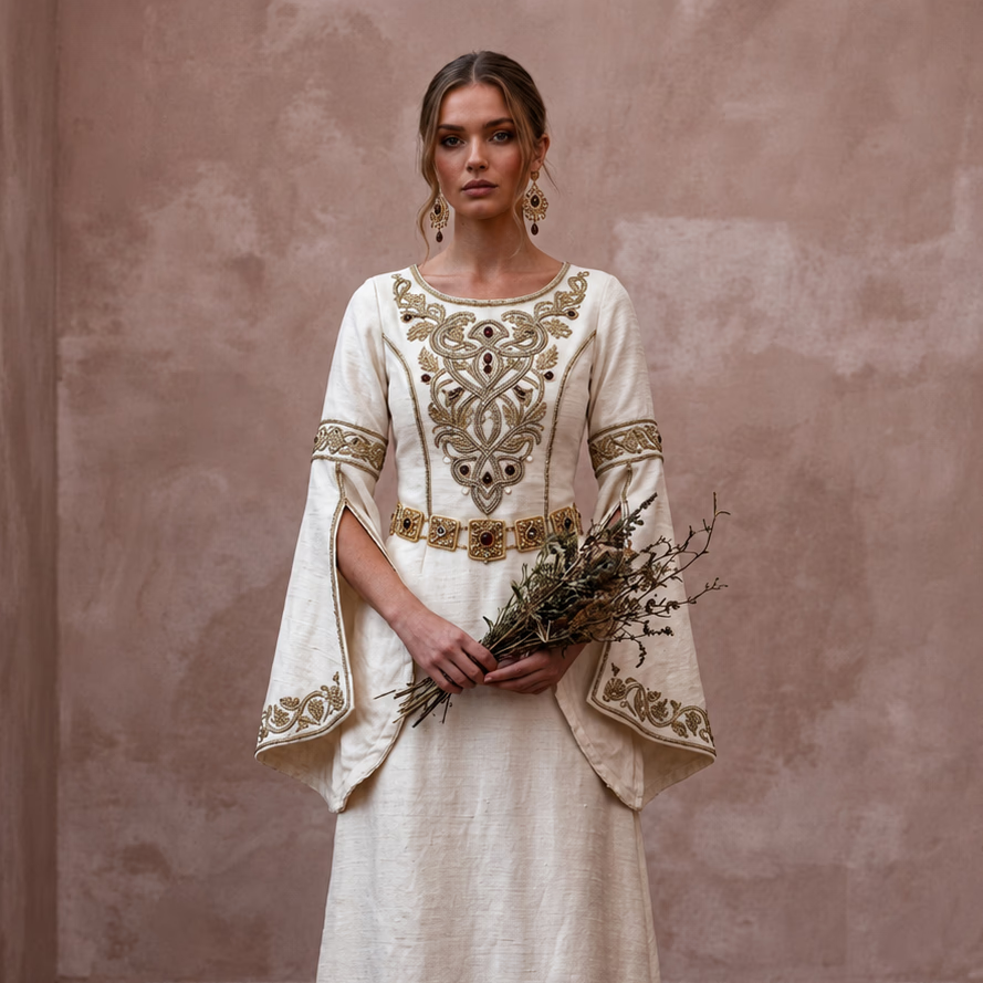 Medieval - Inspired Ivory Raw Silk Gown for Forest Handfasting - Apparel & Accessories > Clothing > Wedding & Bridal Party Dresses > Wedding Dresses - Mignonette Bridal