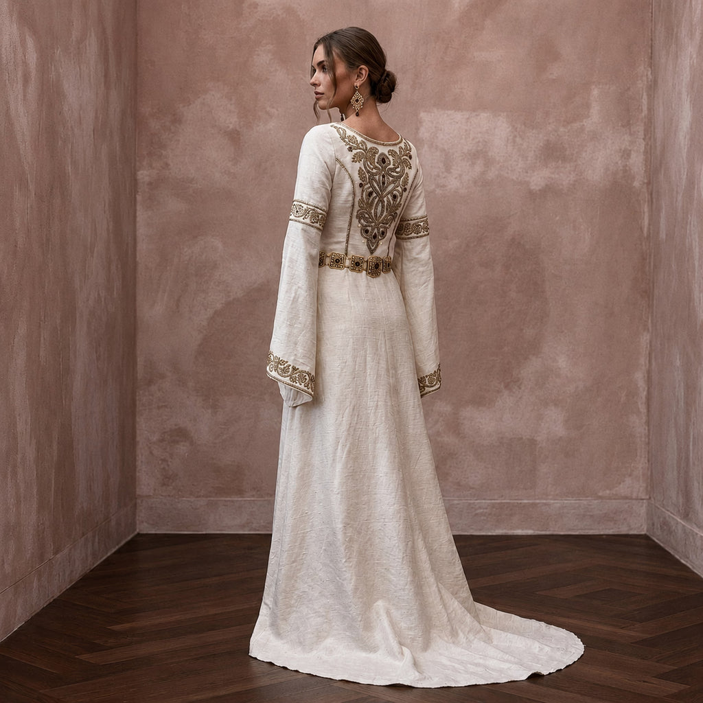 Medieval - Inspired Ivory Raw Silk Gown for Forest Handfasting - Apparel & Accessories > Clothing > Wedding & Bridal Party Dresses > Wedding Dresses - Mignonette Bridal