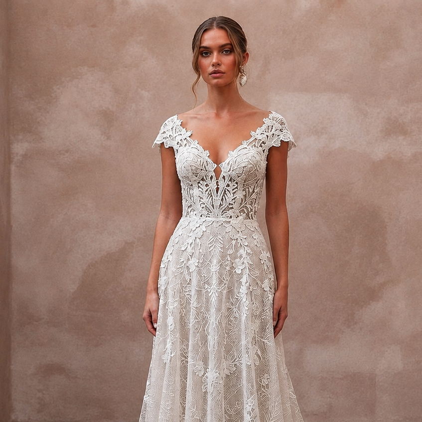 Mediterranean Lace Bridal Gown with Open Back for a Destination Wedding