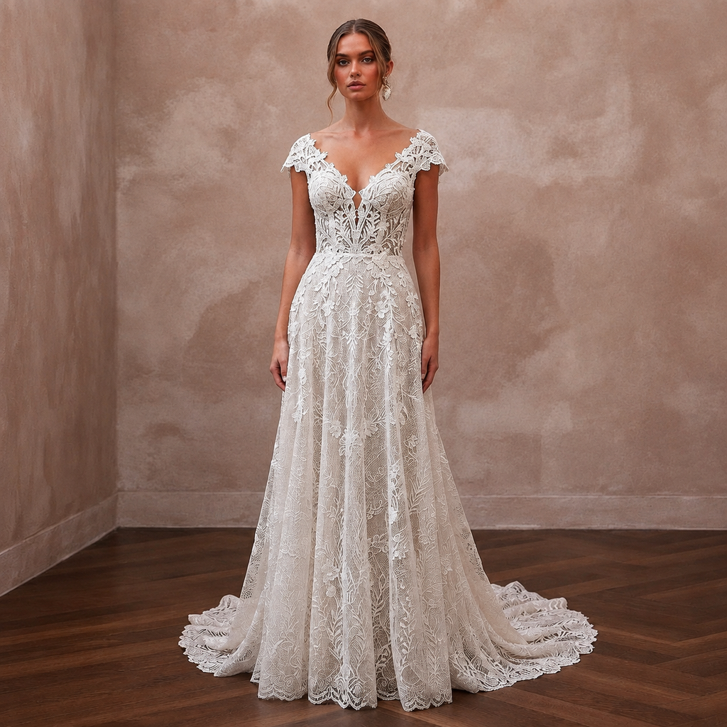 Mediterranean Lace Bridal Gown with Open Back for a Destination Wedding