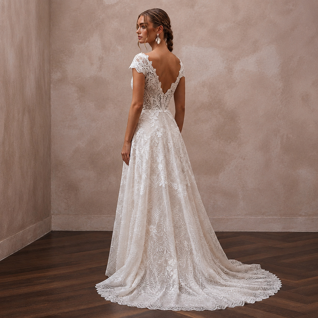 Mediterranean Lace Bridal Gown with Open Back for a Destination Wedding