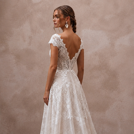 Mediterranean Lace Bridal Gown with Open Back for a Destination Wedding
