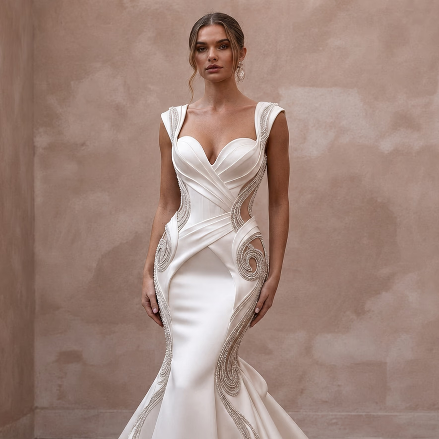 Mermaid Satin Wedding Dresses with Sculpted Curves - Apparel & Accessories > Clothing > Wedding & Bridal Party Dresses > Wedding Dresses - Mignonette