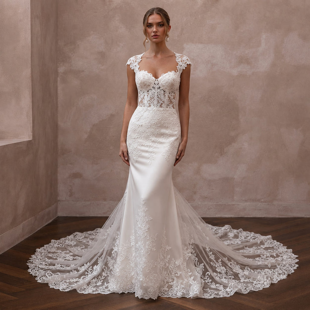 Mermaid Wedding Dresses with Floral Lace Trains - Apparel & Accessories > Clothing > Wedding & Bridal Party Dresses > Wedding Dresses - Mignonette Bridal