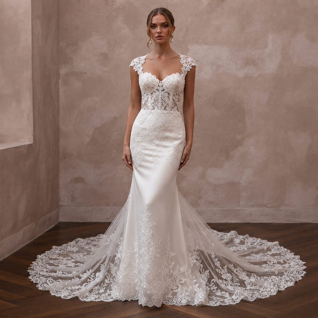 Mermaid Wedding Dresses with Floral Lace Trains