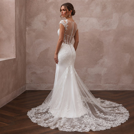 Mermaid Wedding Dresses with Floral Lace Trains - Apparel & Accessories > Clothing > Wedding & Bridal Party Dresses > Wedding Dresses - Mignonette Bridal