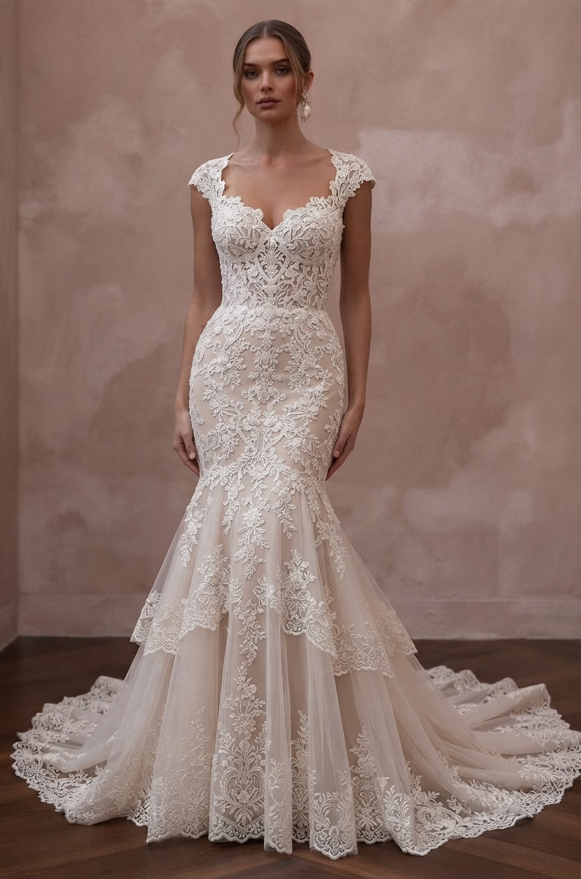 Mermaid Wedding Dresses with Intricate Lace Embroidery - Apparel & Accessories > Clothing > Wedding & Bridal Party Dresses > Wedding Dresses - Mignonette