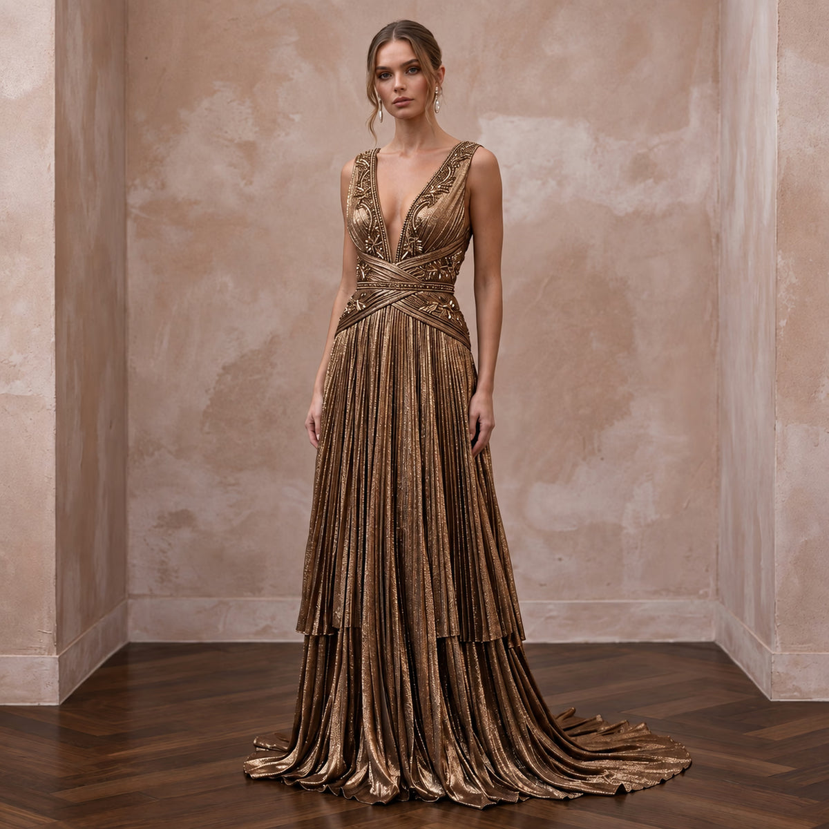 Metallic Bronze Plunge Neck Pleated Lurex Formal Gown - Apparel & Accessories > Clothing > Wedding & Bridal Party Dresses > Wedding Dresses - Mignonette Bridal