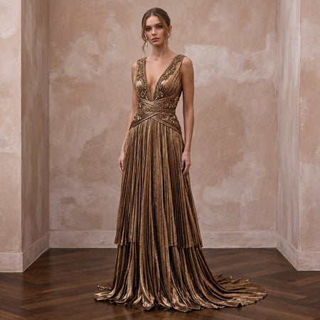 Metallic Bronze Plunge Neck Pleated Lurex Formal Gown - Apparel & Accessories > Clothing > Wedding & Bridal Party Dresses > Wedding Dresses - Mignonette Bridal