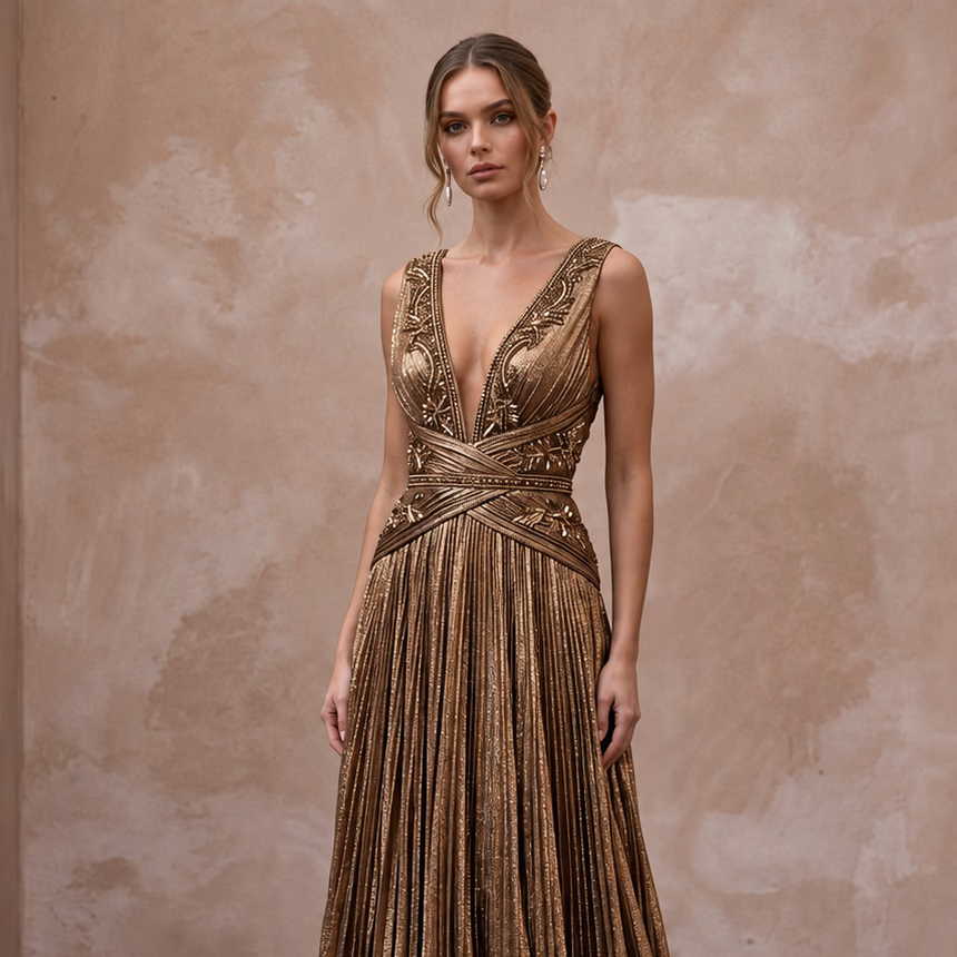Metallic Bronze Plunge Neck Pleated Lurex Formal Gown - Apparel & Accessories > Clothing > Wedding & Bridal Party Dresses > Wedding Dresses - Mignonette Bridal